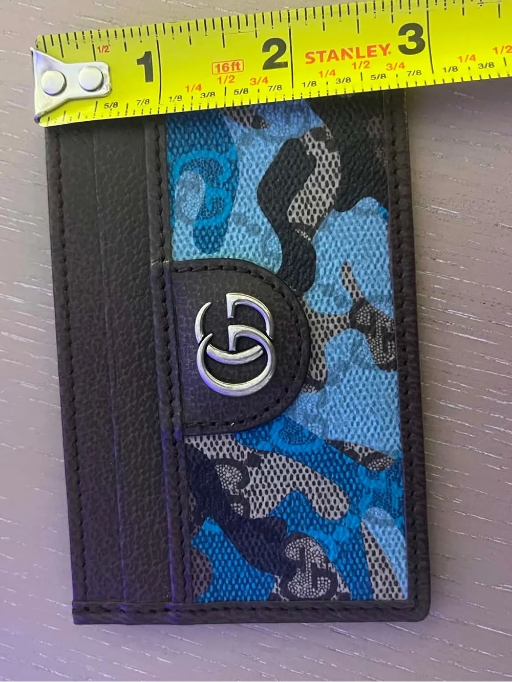 GG Logo Brown Leather Card Case with Blue Camouflage Canvas
